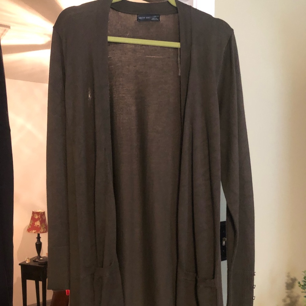 Gently worn olive green long cardigan sweater